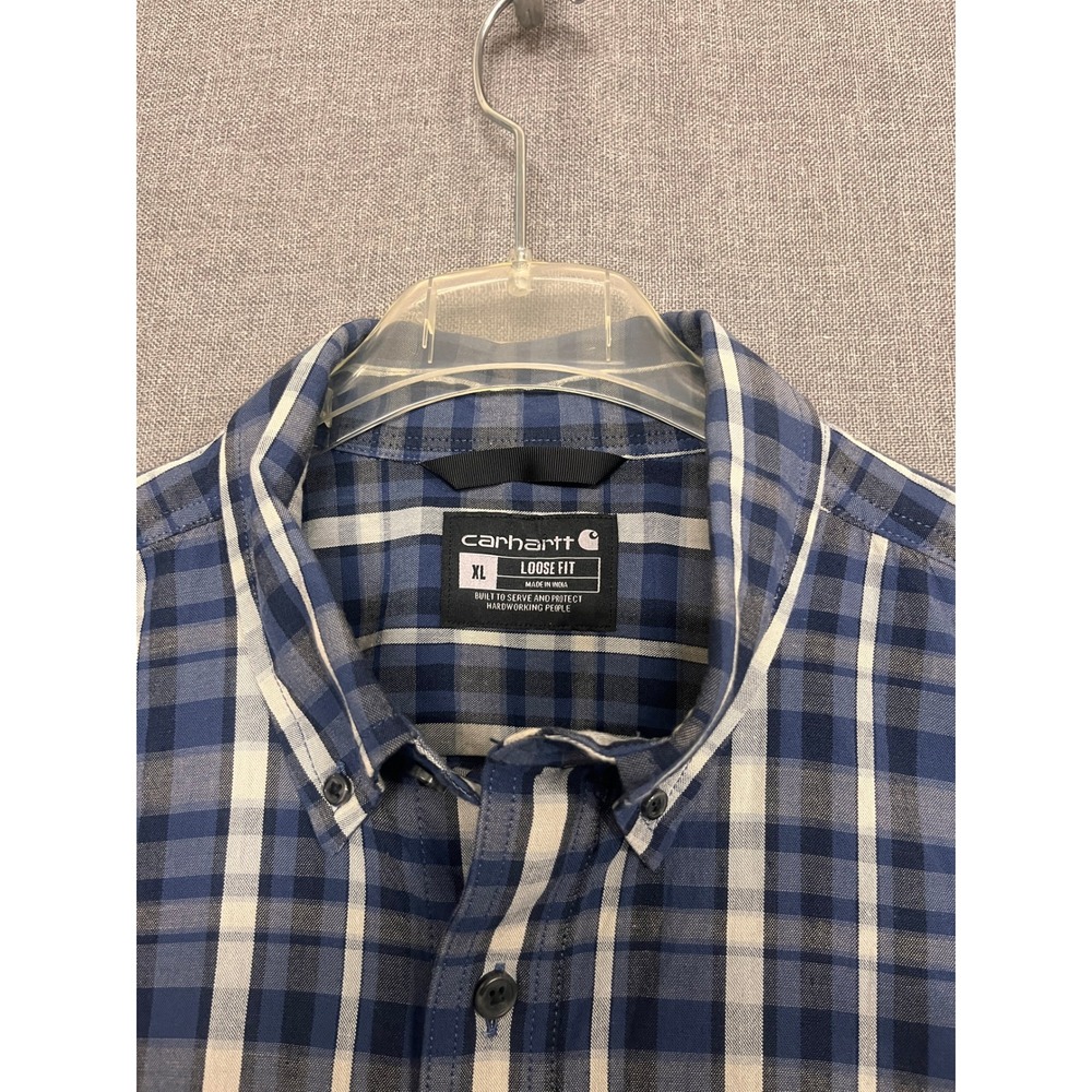 Carhartt Mens XL Loose Fit Plaid Short Sleeve Button Down Shirt Blue TW4625-M